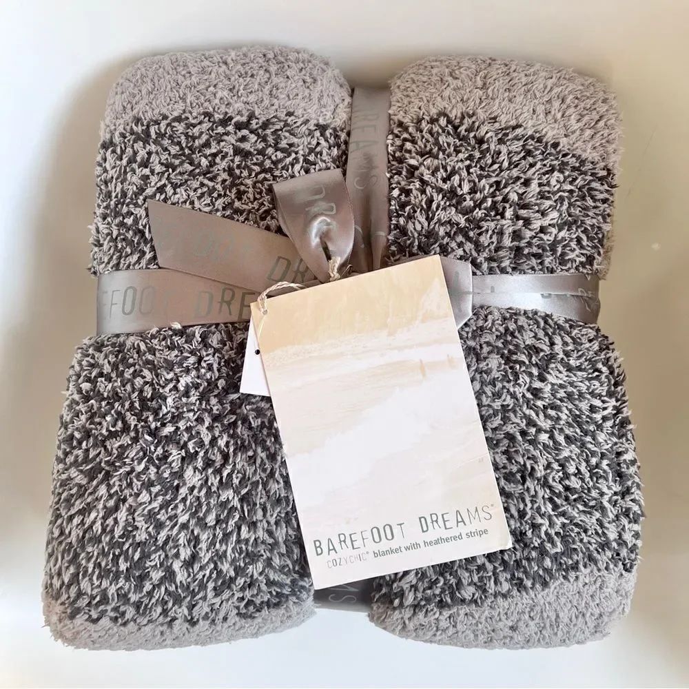 Barefoot Dreams Luxe Heathered Stripe Throw Blanket in Warm Gray Carbon NWT